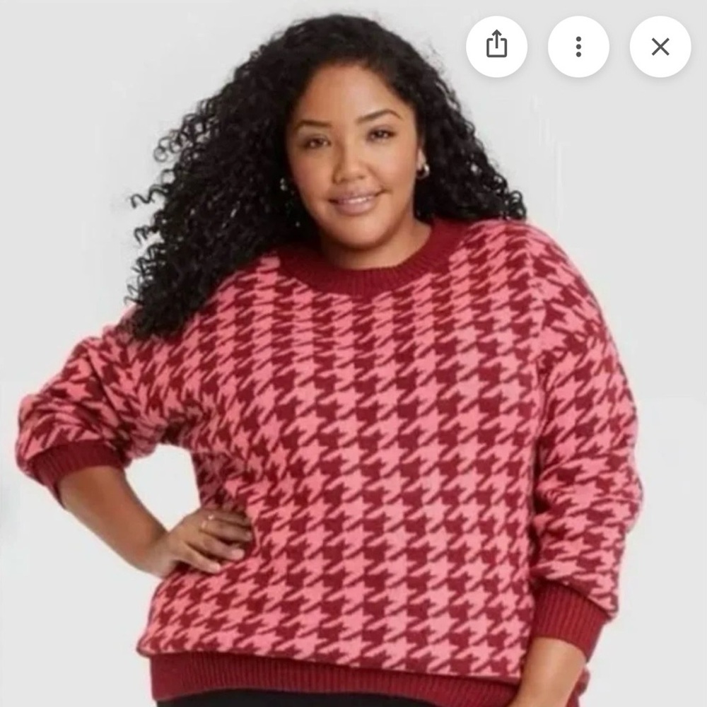 Aviva- Relaxed Houndstooth Crewneck Sweater in Pink and Red